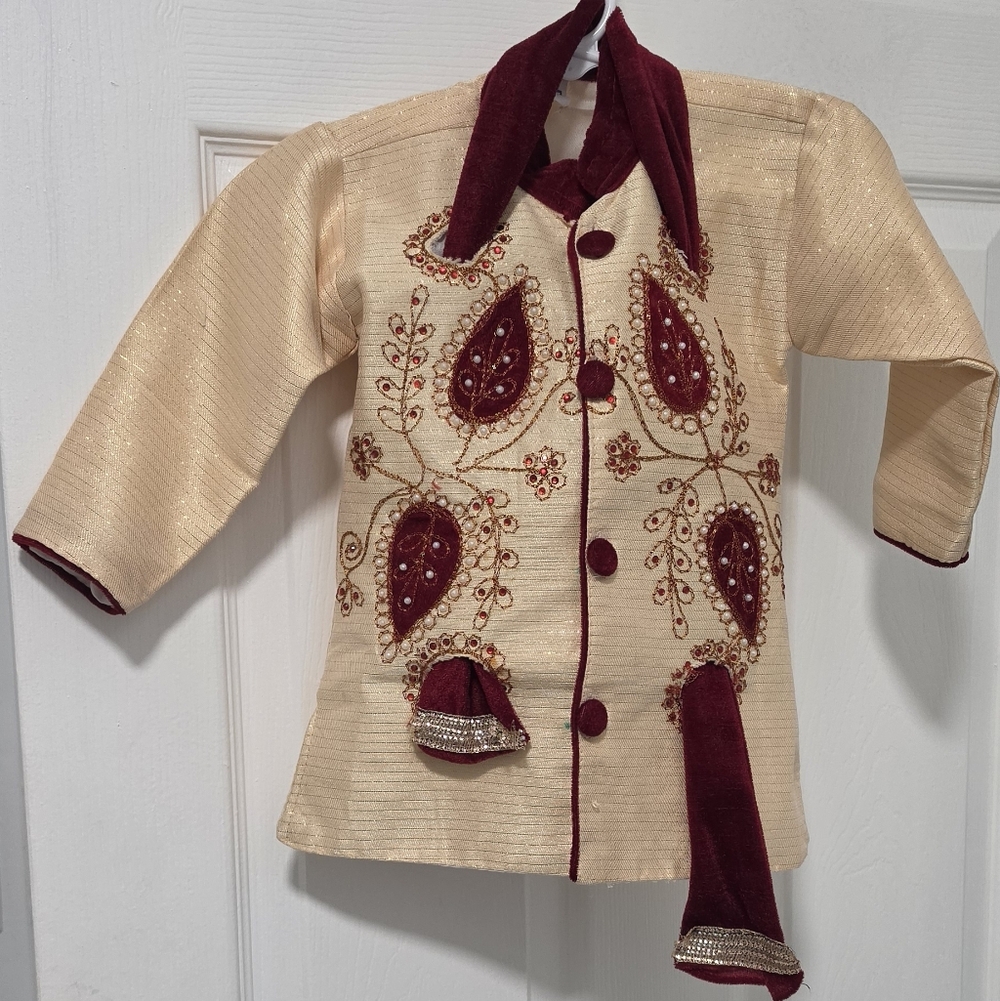 Khaki and Burgandy Embroidered Kurta Set